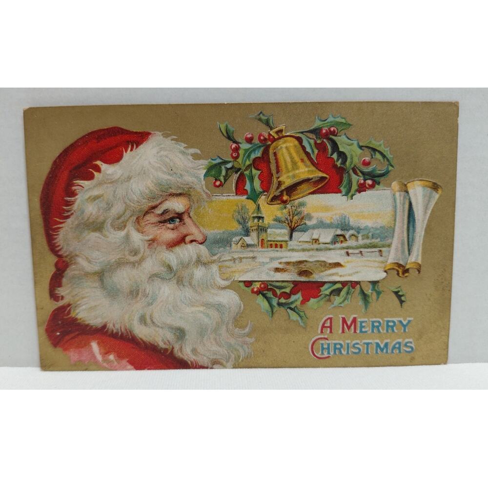 Antique Christmas Postcard Santa Claus Snow Scene Embossed Unposted Divided